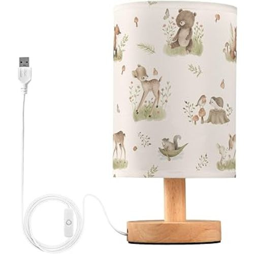 Bedside Table Lamp Woodland Animals Nightstand Lamp with Wood Forest Fox Deer Rabbit Bird Bear Mushroom Desk Lamps for Bedroom Living Room Nursery Office Home Decor