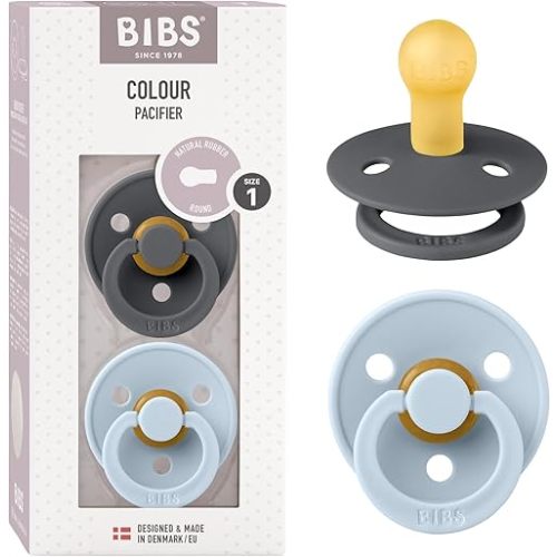 BIBS Pacifiers Colour Collection | Natural Rubber Baby Pacifier | Set of 2 BPA-Free Soothers | Made in Denmark | 0+ Months (Pack of 2) | Baby Blue/Iron