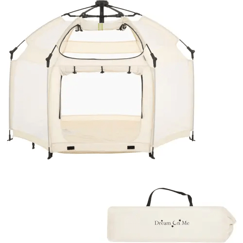Dream On Me Pop-Up Children Playpen, Instant One-Hand Open & Fold, Breathable Mesh Sides, Zipper Security Gate & Travel Carry Bag, Compact Indoor/Outdoor Baby Play Yard with Canopy - French White