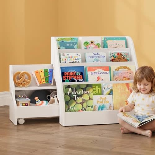 2-in-1 Montessori Kids Bookshelf - Toddler Nursery 4 Tier Wooden Shelf