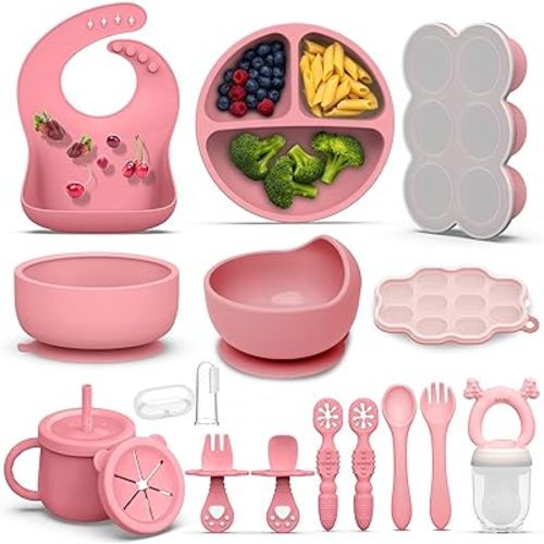 16 Pack Silicone Baby Feeding Set, BPA-Free Baby LED Weaning Supplies, Include Suction Plates, Baby Bowls, Silicone Fork & Spoon, and More, First Stage Baby Food Eating Utensils - 6+ Months(Pink, 16)