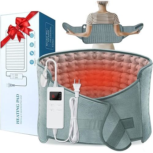 Heating Pad for Back Pain Relief, Electric Heating Pad for Period Cramps Neck Shoulders with Belt, 4 Timer 6 Heat Setting & Auto Shut Off, 12"x24"+20" Large Moist Heat Pad for Mom,Dad