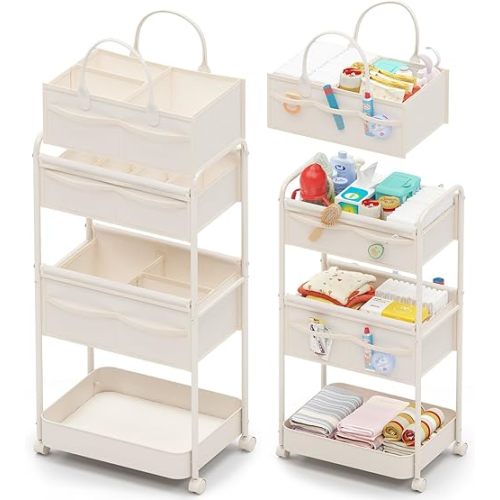 Baby Diaper Caddy, Premium Metal& Felt Movable Cart with Dividers for Newborn Nursery Essentials, Large Capacity Detachable Bedside Cart Organizer for Changing Table &Crib, Easy Assembly- Beige