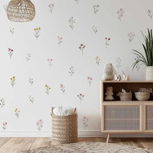 Watercolor Flower Wall Decals | Botanical Wall Stickers for Nursery | Girls Room Floral Wall Art | Soft Pastel Removable Vinyl Decor Set 24x
