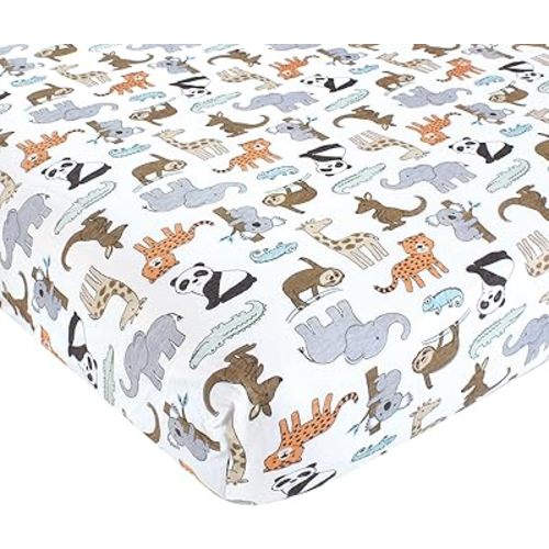 Hudson Baby Unisex Baby Cotton Fitted Crib Sheet, Zoo Animals, One Size