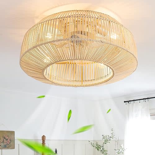20" Boho Caged Ceiling Fan with Lights Flush Mount, Low Profile Rattan Ceiling Fans with Lights and Remote Control, Enclosed 6 Speeds for Bedroom, Living Room, Kitchen
