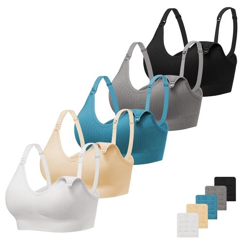 Angelhood Ribbed Nursing Bra Wireless V Neck Maternity Nursing Bra Low Cut Bralette Sleeping Breastfeeding with Extenders
