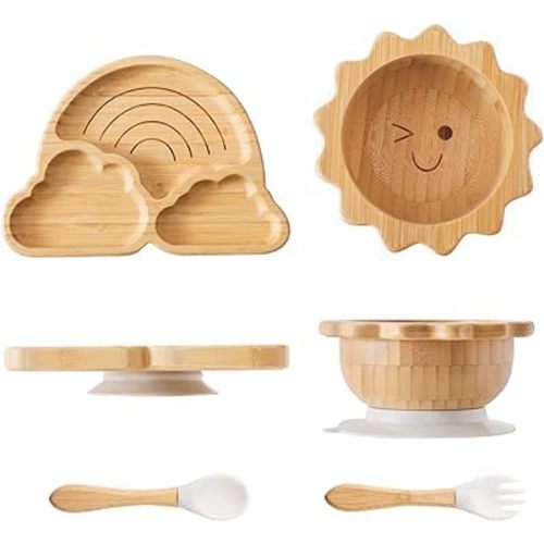 Bamboo Suction Plates Bowls Set for Baby Toddler Divided Platter Food bowl with Silicone Fork & Spoon All-Natural Baby Feeding Set for Baby-Led Weaning, Non-Slip Design