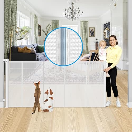Reinforced 42" Tall X 120" Extra Wide Retractable Baby Gate Extra Long Baby Gates for Large Openings Prevent Kids and Pets from Jumping Over Retractable Pet Gate Reinforced Puppy Gates for Dogs, White