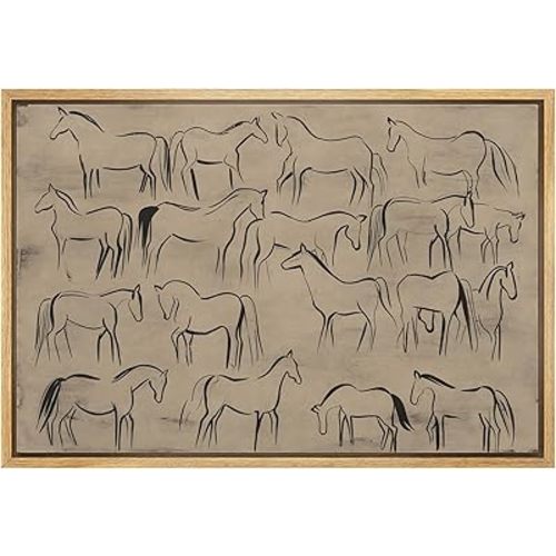 MUDECOR Framed Canvas Print Wall Art Abstract Horse Sketch Collection on Beige Minimalist Illustrations Digital Art Decorative Bohemian Contemporary for Bedroom - 24"x36" Natural