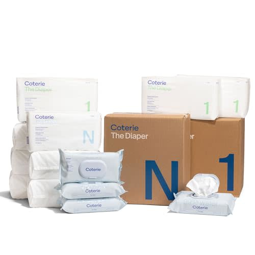 Coterie Baby Diapers + Wipes Baby Kit, Size 1 (198 Count) Size Newborn (93 Count) 4 Wipe Packs (224 Wipes) Made with Plant-Based Fibers, Hypoallergenic, Designed for Sensitive Skin, Clean Ingredients