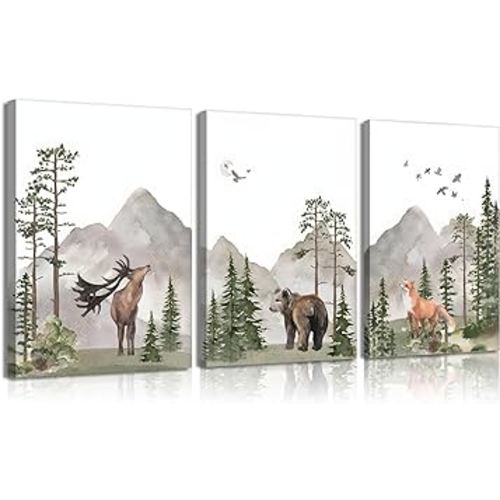 YBARTZQ Woodland Nursery Wall Art Wild Animals Forest Wall Decor Prints Adventure Theme Canvas Posters Deer Bear Fox Watercolor Pictures Paintings for Boys Room Girls Room 3Pcs 12x16in Framed