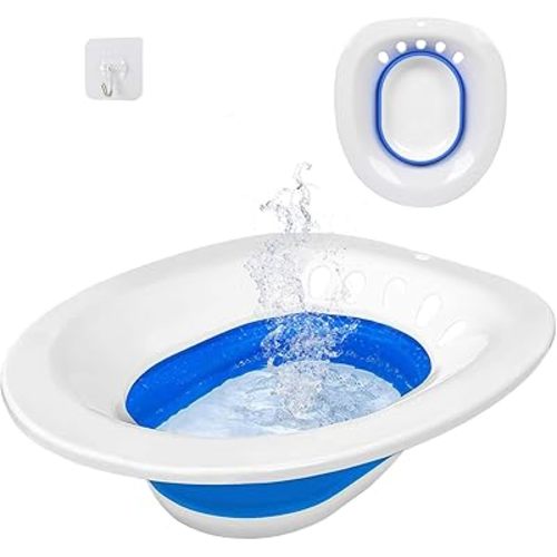 Sitz Bath,Sitz Bath for Hemorrhoids, Sitz Bath for Toilet Seat, Sitz Bath for Postpartum Care,Collapsible Sits Bath Kit for Women,Easy to Store,Flusher Hose,Wide Seat,Deeper Bowl (Blue)