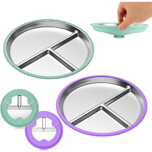 2-Pack Stainless Steel Toddler Plate with Suction for Babies & Kids 0-3 Years - 9-Inch Divided Kids Plates, Non-Toxic & BPA-Free, Dishwasher Safe Baby Plates with Suction