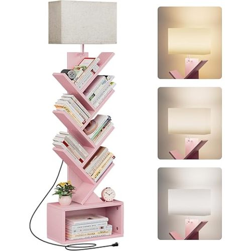 6 Tier Tree Bookshelf with Light, Narrow Bookcase Tower, Tall Floor Standing Book Shelf Organizer with Storage Cabinet for Living Room, Bedroom and Home Office, Pink