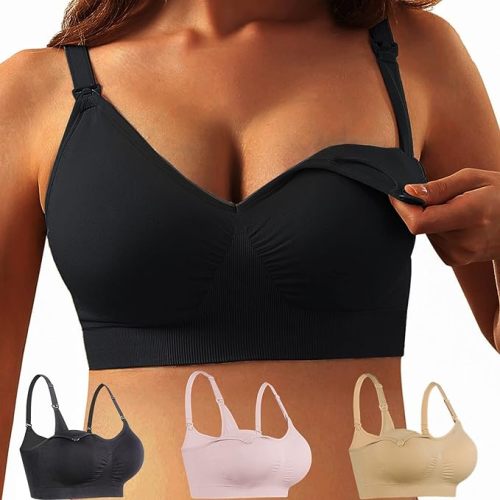 iloveSIA 3PACK Womens Nursing Bra Seamless Maternity Bra - Medium - Black+nude+pink