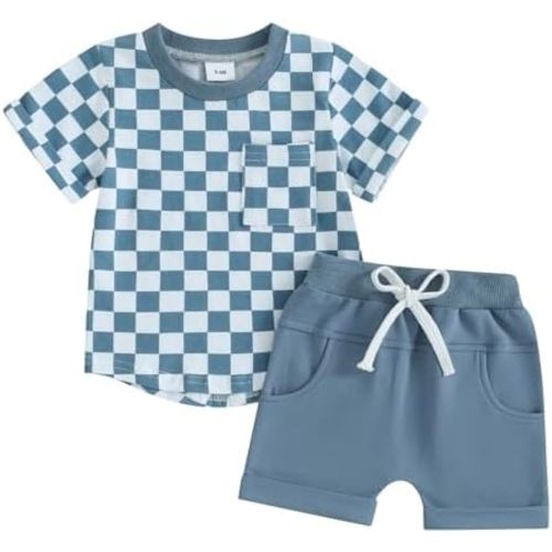 Toddler Baby Boy Girl Summer Clothes Checkerboard Print Short Sleeve T-Shirt Tee Tops Rolled Shorts Infant Outfits