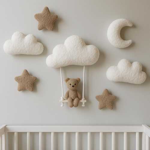 Nursery Wall Decor – Teddy Bear on Swing with Clouds, Stars & Moon | Neutral Baby Room Decoration | Baby Shower Gift