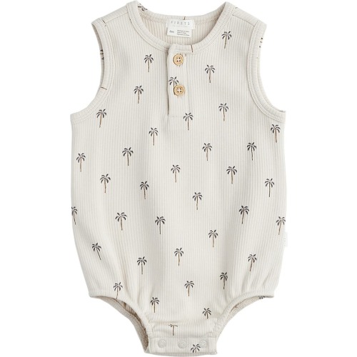 Baby Palm Tree Print Rib Henley Romper, 0-3M, Beige