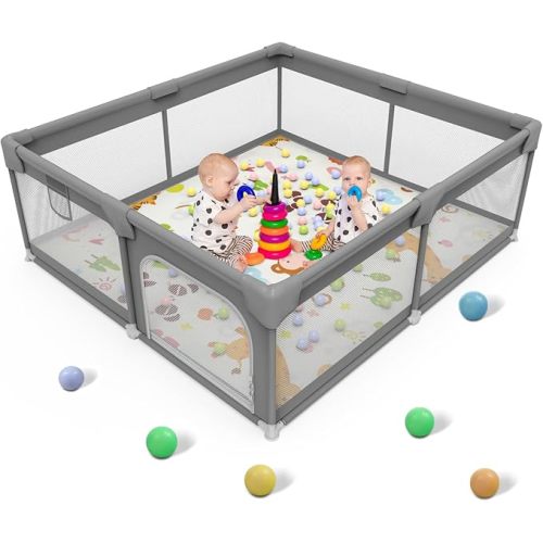 Palopalo Baby Playpen, 50''x50'' Extra Large Playard for Babies and Toddlers, Baby Activity Center with 8 Suction Cup Bases, Infants Play Pen with Gate and Soft Breathable Mesh