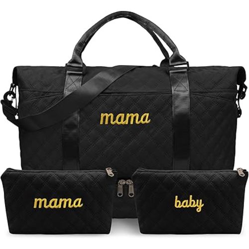 Mama Baby Pregnancy Hospital Bag Essentials for Women Labor Delivery Diaper Organizer with Shoe Compartment,2 Waterproof Toiletry Pouch Travel Duffle Bag for Mommy Weekender Overnight Gym Gifts,Black