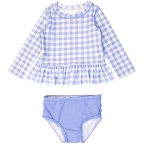 RuffleButts Baby/Toddler Girls Scalloped Long Sleeve Rash Guard 2-Piece UPF50+ Sun Protected Swimsuit