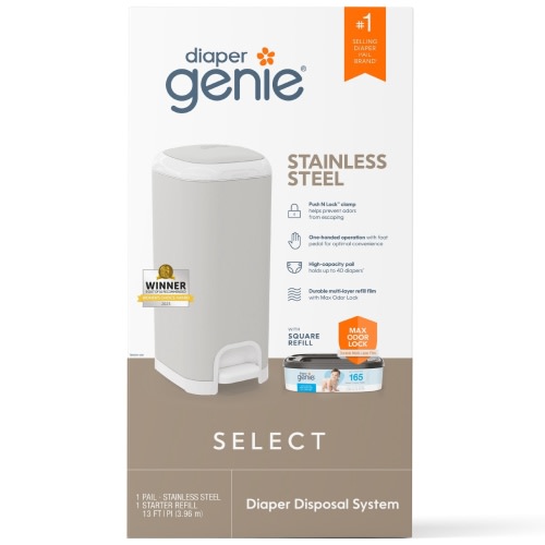 Free Shipping! Diaper Genie Select Pail,Grey, Stainless Steel,1 Diaper Pail, 1 Square Refill - 165 Ct
