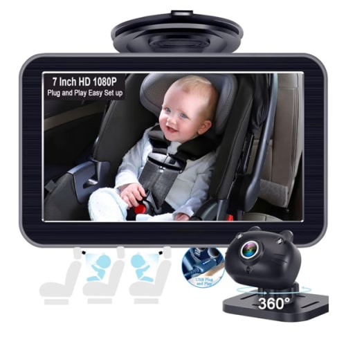DoHonest Baby Car Camera 7-Inch: USB Plug and Play Easy Setup 360 Degree Rotating Backseat Camera Two Kids HD 1080P Rear Facing Car Seat Cameras Clear Night Vision -V9