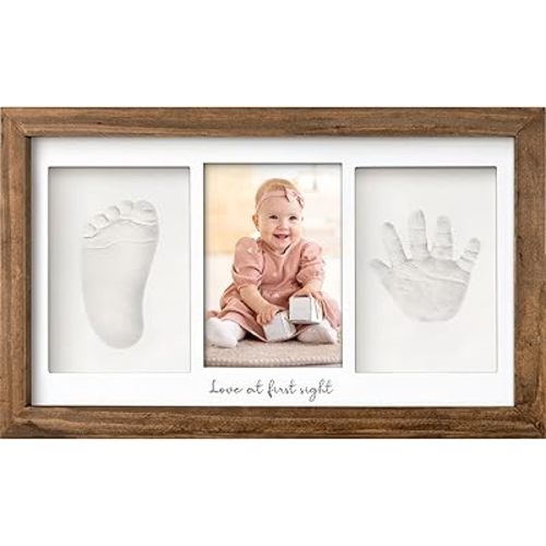 Baby Hand and Footprint Kit - Clay Handprint Keepsake Frame, Newborn Nursery Picture Frame, Personalized New Mom Gifts for Baby Shower & Registry (Medium Oak)
