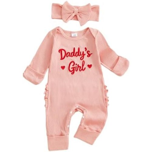 Baby Girl Valentines Day Outfit Knit Ribbed Jumpsuit Daddys Heart Ruffle Butt Romper Newborn One Piece Clothes