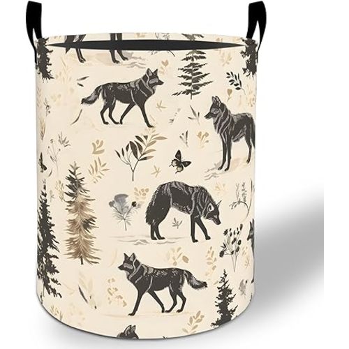 Forest Wolf Laundry Basket Hamper 19.7"x15.8", Animal Foldable Waterproof Oxford Clothes Storage Bucket for Room Bathroom Bedroom Nursery Decor, Toy Organizer Bins Gifts for Kids Boys Girls