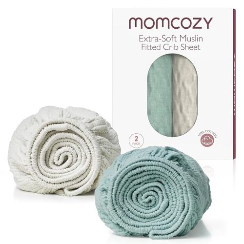 Momcozy Muslin Fitted Crib Sheet, 2 Pack Soft Breathable Natural Cotton 52"x28" Baby Mattress Sheet, 360° Mattress Wrapping No Slip Boys Girls Neutral Toddler Bed Sheet, Large, Green & Grey