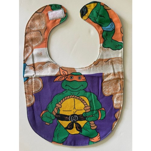 Michelangelo bib, Teenage Mutant Ninja Turtles, TMNT 90s TV, Vintage baby, recycled Sheet, nostalgic toddler, Millennial Baby Shower Gift