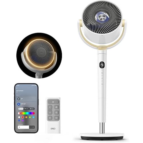 Dreo Smart Fan for Bedroom, 120° +120° Omni-Directional Oscillating Fans, 90ft Quiet Pedestal Fan with RGB Light, 9 Speeds, 6 Modes, 20dB, 8H Timer, Wi-Fi/Voice/Alexa, 37-42" Floor Fans with Remote
