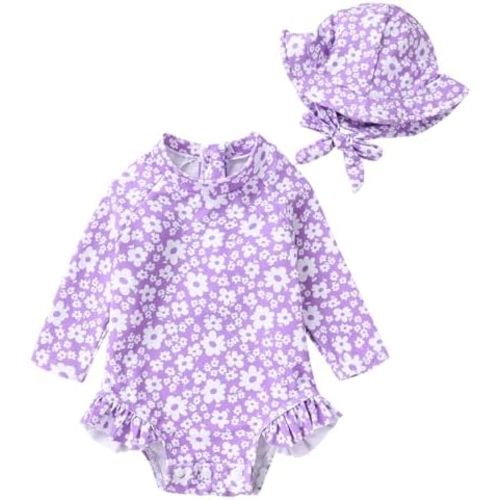 Infant Baby Girl Swimsuit One-Piece Long Sleeve Rash Guard with Hat Set Floral Zipper Bathing Suit Leopard Beach Wear