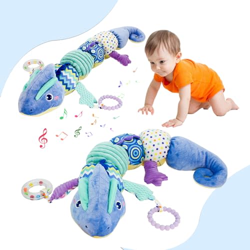 Happytime Baby Toy Plush Toy Musical Stuffed Animal Infant Soft Sensory Toys with Crinkle Rattles for Newborn 0-3-6-12 Months Birthday Gift Chameleon Blue