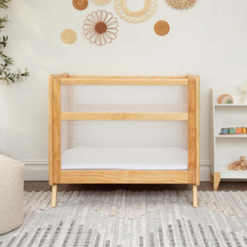 Tan Wood Baby Mini Cribs with Mesh Walls | HALO