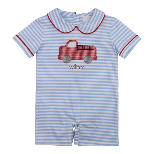 Blue Knit Striped Firetruck Short Romper – Cecil & Lou