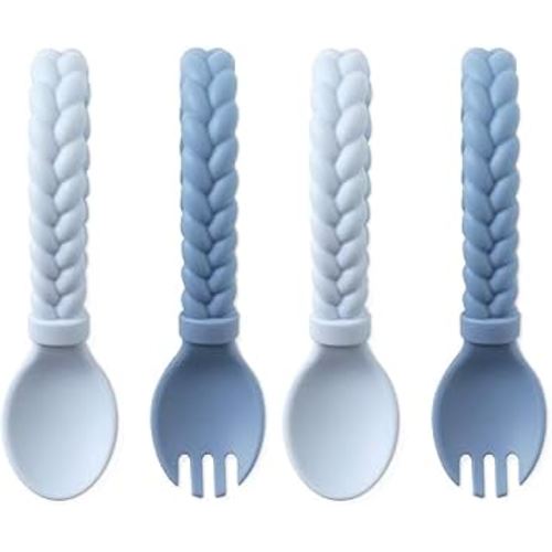 Itzy Ritzy Silicone Spoon & Fork Set; Baby Utensil Set Features A Fork and Spoon with Looped, Braided Handles; Made of 100% Food Grade Silicone & BPA-Free; Ages 6 Months and Up, Blue (Pack of 2)