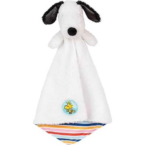 Kids Preferred Peanuts Snoopy Baby Blanket - Ultra Soft, Striped Details, Snoopy Lovey, Satin Accents, Ages 0 Months and Up, Woodstock Applique, 15 In