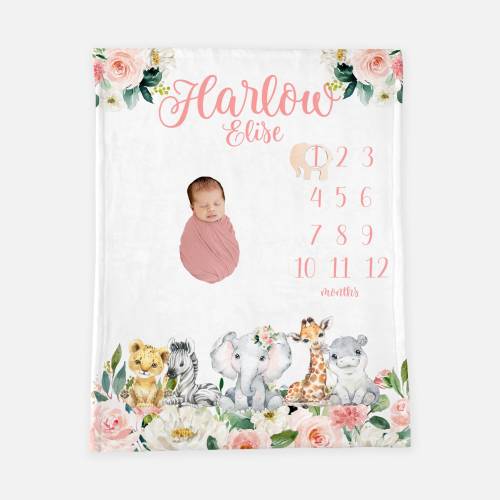 Girl Safari Milestone Blanket, Personalized Baby Blanket, Monthly Baby Blanket, Baby Girl Blanket, Safari Jungle Nursery Theme S2