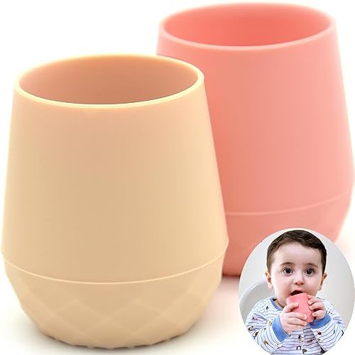 2 Pack Silicone Baby Cups 6-12 Months Infants, Tiny Cup for 4 months+ Baby Girl Gift Set, Open Cup for Baby Led Weaning Supplies 2oz (Pink Porcelain)