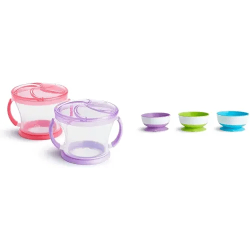 Munchkin® Snack Catcher® Toddler Snack Cups, 2 Pack, Pink/Purple & ® Stay Put™ Suction Bowls for Babies and Toddlers, 3 Pack, Blue/Green/Purple