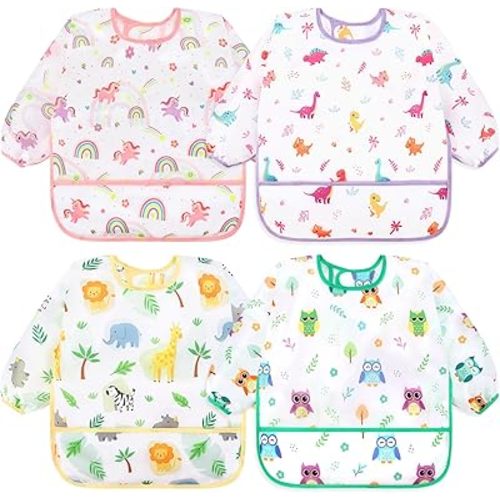 Accmor 4 Pack Long Sleeve Baby Bibs, Waterproof Sleeved Bib Smock for Baby Toddler 6-36 Months