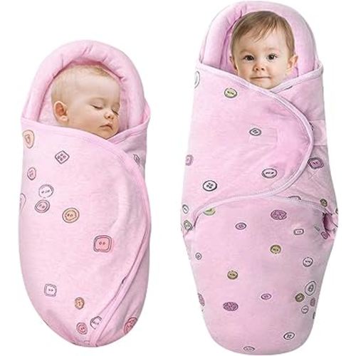 Baby Swaddle Blankets, Unisex Baby Blanket Wrap for Newborn Baby Boys Girls, Skin Friendly Wearable Swaddle Sleep Sack Made of Combed Cotton (Button, Peachpink, 0-3 Months + 3-6 Months)