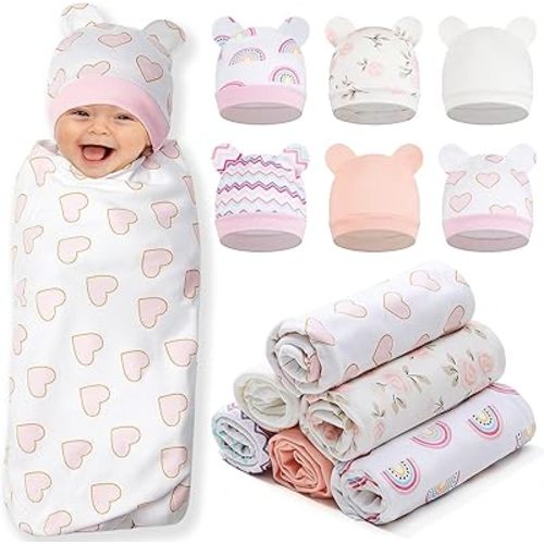 Ramede 6 Sets 100% Cotton Baby Swaddle Blankets Swaddling Wrap with Hats Nursery Receiving Blanket for 0-3 Mouths Unisex Baby Soft Silky & Breathable 31.5x 31.5in(Rainbow,Cute Color)