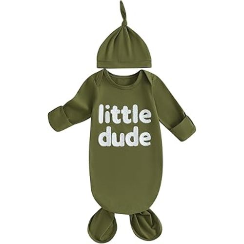 Merqwadd Baby Boy Coming Home Outfit Little Dude Sleeping Gown with Hat Infant Sleeper Nightgown