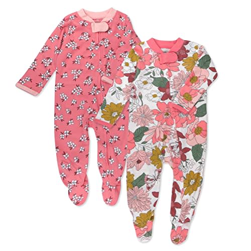 HonestBaby Baby Girls' 2-Pack Sleep and Play Footed Pajamas One-Piece Sleeper Jumpsuit Zip-front Pjs Organic Cotton