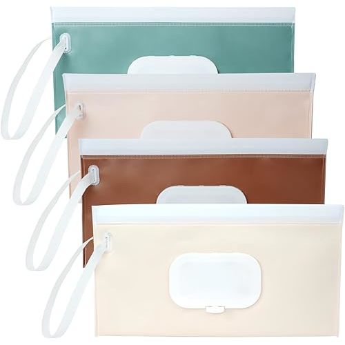 4 Pack Wipes Dispenser, Seposeve Portable Baby Wipe Case, Refillable Baby Wipes Container, Wipe Holder, Keeps Wipes Fresh, Reusable Wet Wipe Pouch for Outdoor Outing, Camping, Hiking. PureColor