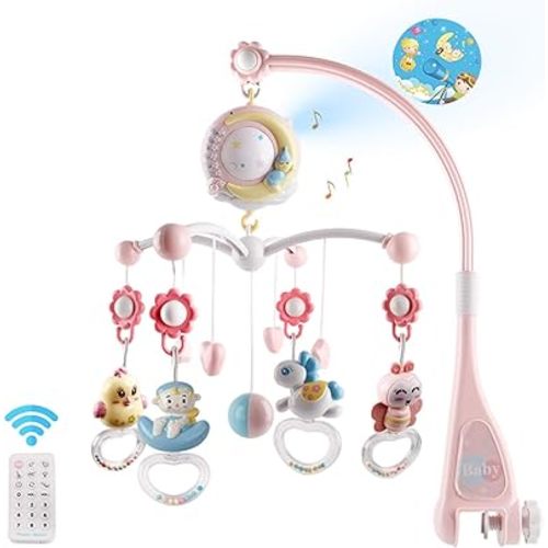 Baby Musical Crib Mobile with Timing Function Projector and Lights,Hanging Rotating Rattles and Remote Control Music Box with 150 Melodies,Toy for Newborn 0-24 Months